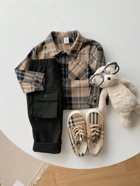 2pcs/Set Toddler Plaid Lapel Long Sleeve Shirt And Casual Pants Outfit , Baby Boy Clothes
