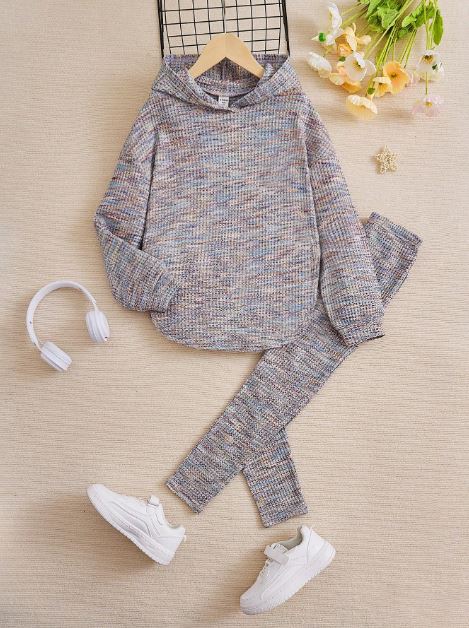 Casual Hooded Drop Shoulder Long Sleeve Rounded Hem Colorful Waffle Knit Set