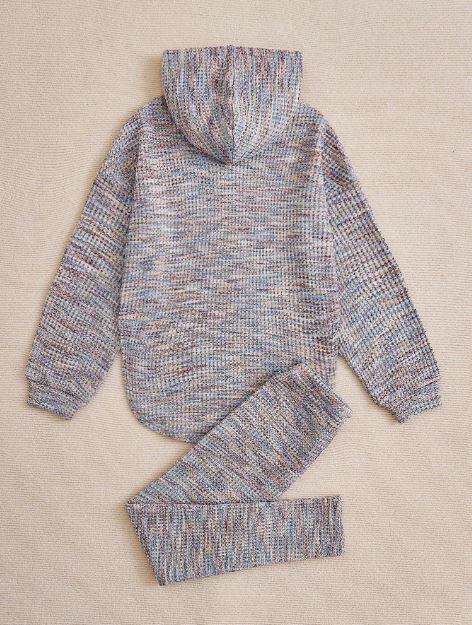 Casual Hooded Drop Shoulder Long Sleeve Rounded Hem Colorful Waffle Knit Set