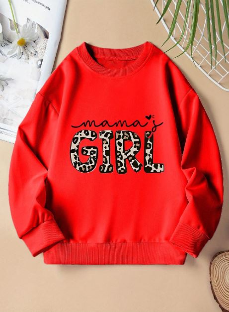 Young Girl Casual Loose Fit Leopard Print Letter Graphic Sweatshirt - Red, White, Black