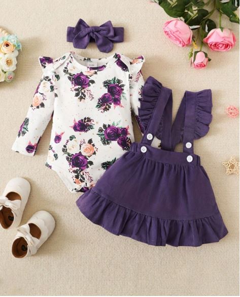 Baby Girl Floral Print Ruffle Trim Bodysuit & Pinafore Skirt & Headband- Formal Wear