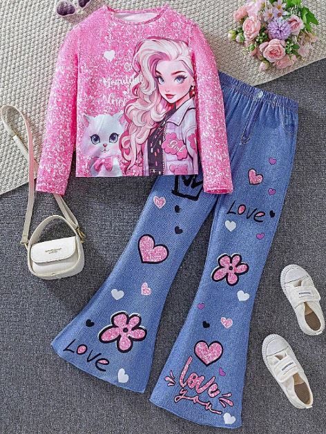 Tween Girl Cat Print Long Sleeve T-Shirt & Blue Flared Pants 2Pcs Set