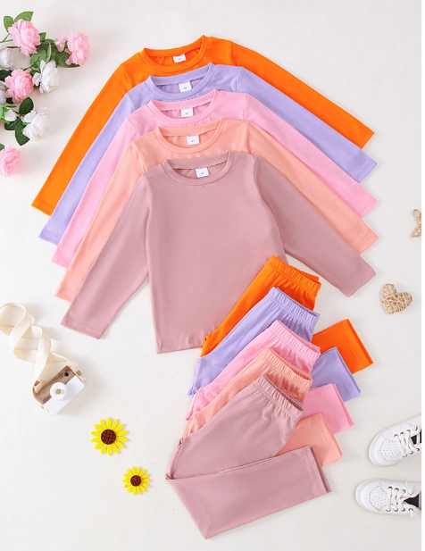 10pcs/Set Young Girl Casual Solid Color Lightweight Soft Knit Fabric Long Sleeve T-Shirt And Pants 2 Pieces Outfit, Autumn/Winter