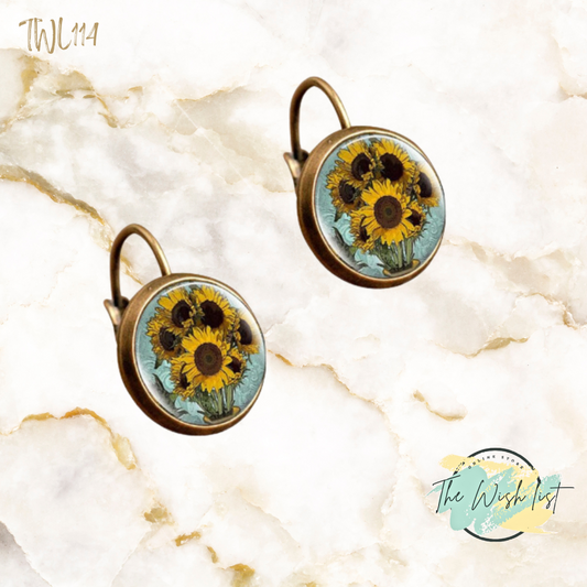 Sunflower pattern round earrings, copper jewelry
