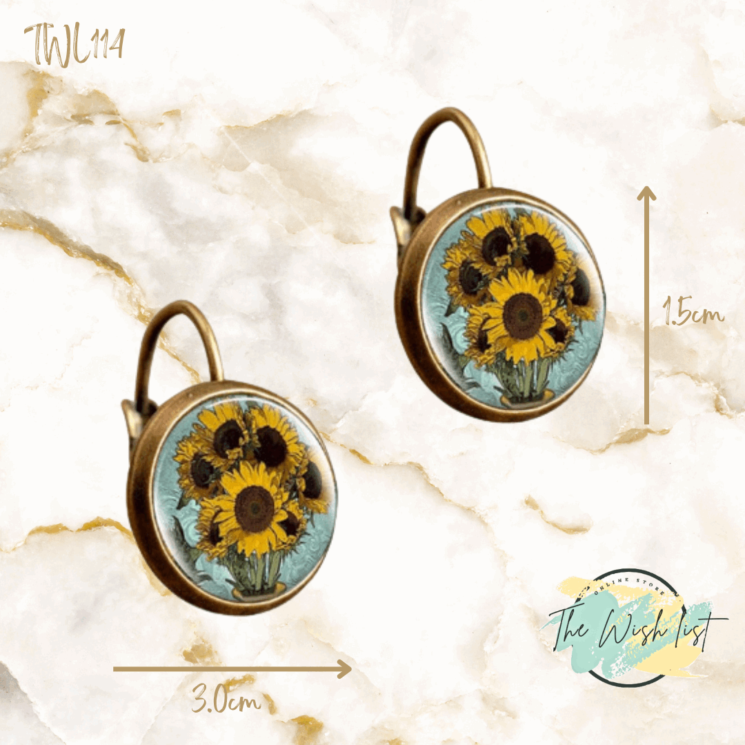 Sunflower pattern round earrings, copper jewelry
