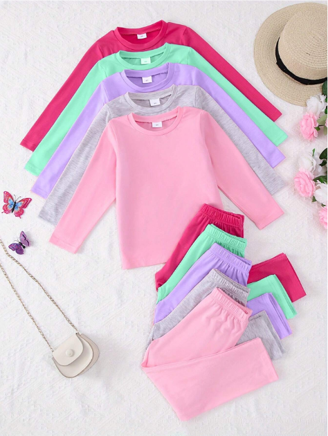 10pcs/Set Young Girl Casual Solid Color Lightweight Soft Knit Fabric Long Sleeve T-Shirt And Pants 2 Pieces Outfit, Autumn/Winter