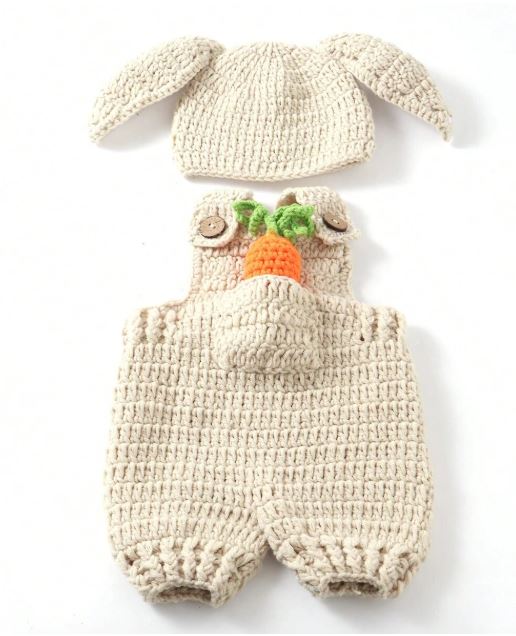 3pcs Newborn Crochet Cap + Overall Pants + Carrot Doll Set -Photography Outfit - Birthday Outfit - baby Shower Gifts Baby Shower -Easter Gift For Girls/Boys