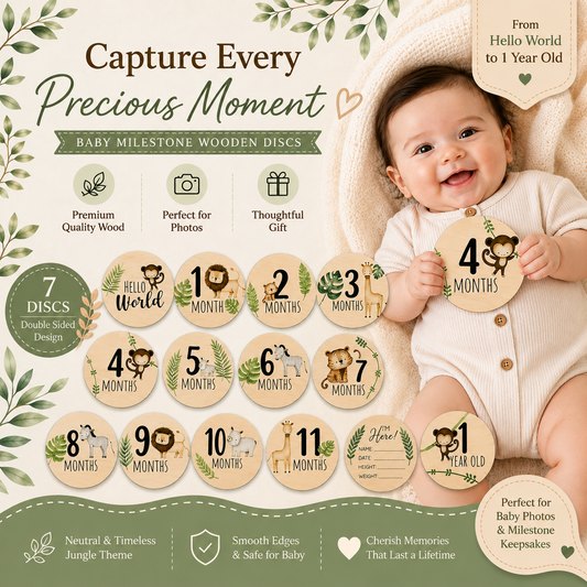 Baby milestone wooden discs with baby holding a disc, surrounded by text about the product.