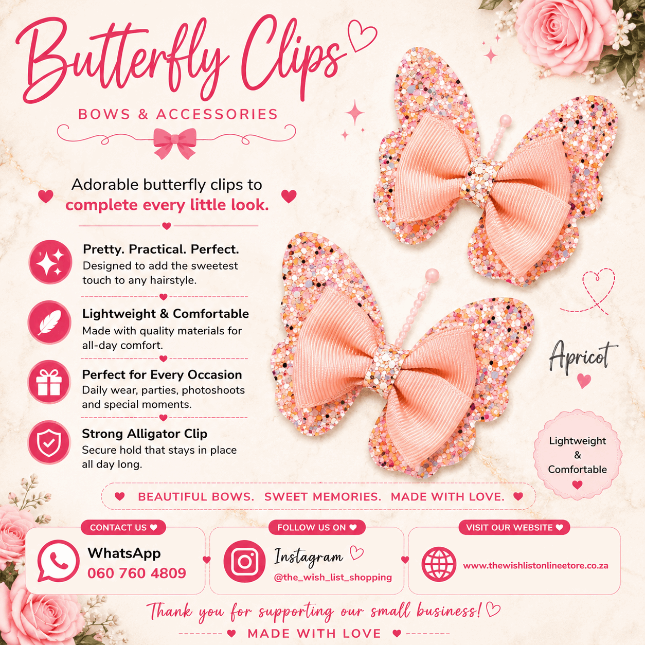 Girls Glitter Butterfly with pearls hair clip