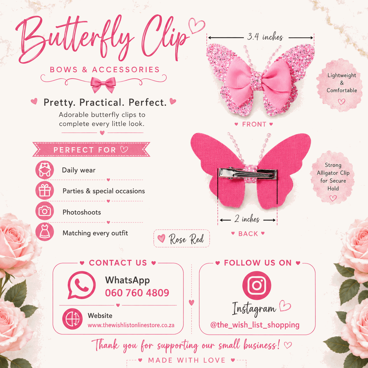 Girls Glitter Butterfly with pearls hair clip