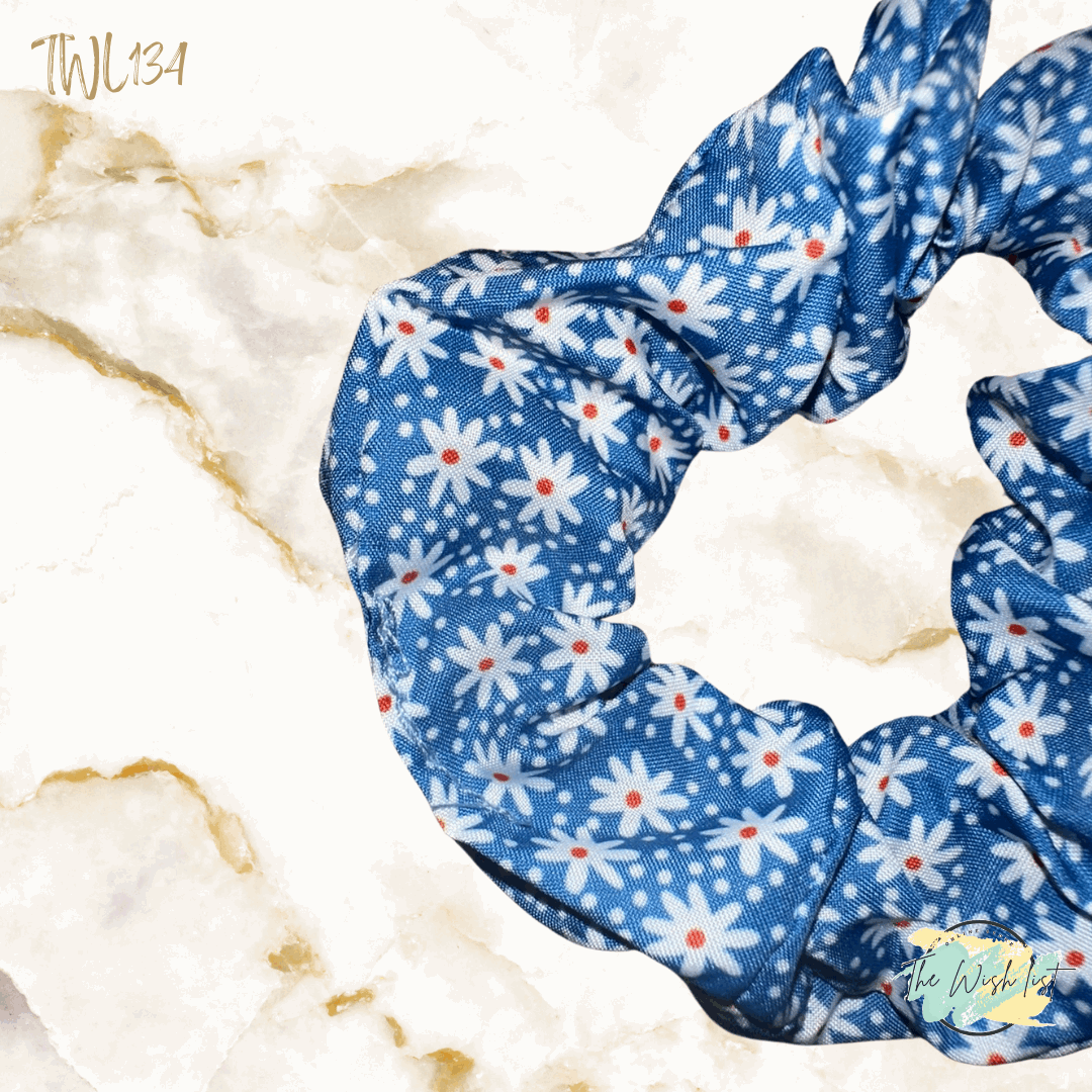 Blue and White Plaid & Floral Pattern Scrunchies