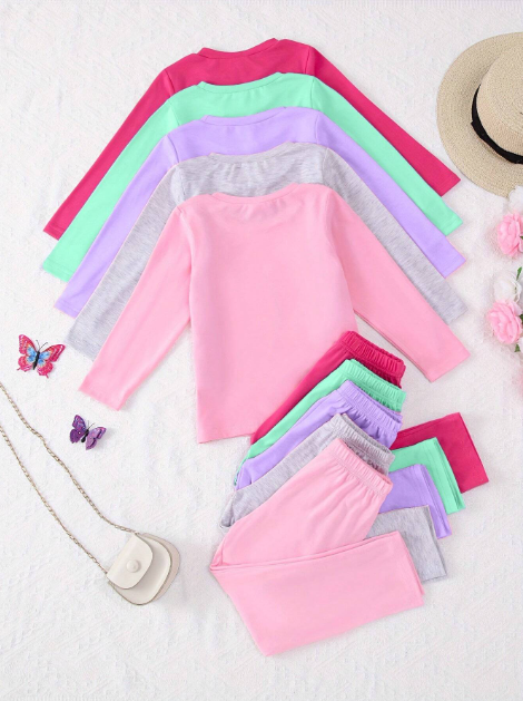10pcs/Set Young Girl Casual Solid Color Lightweight Soft Knit Fabric Long Sleeve T-Shirt And Pants 2 Pieces Outfit, Autumn/Winter