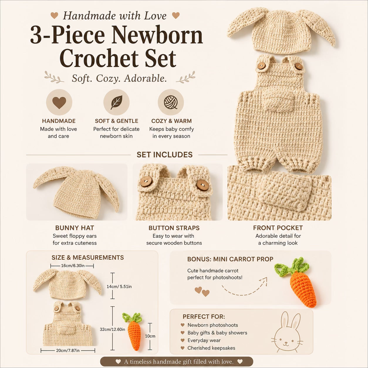 3pcs Newborn Crochet Cap + Overall Pants + Carrot Doll Set