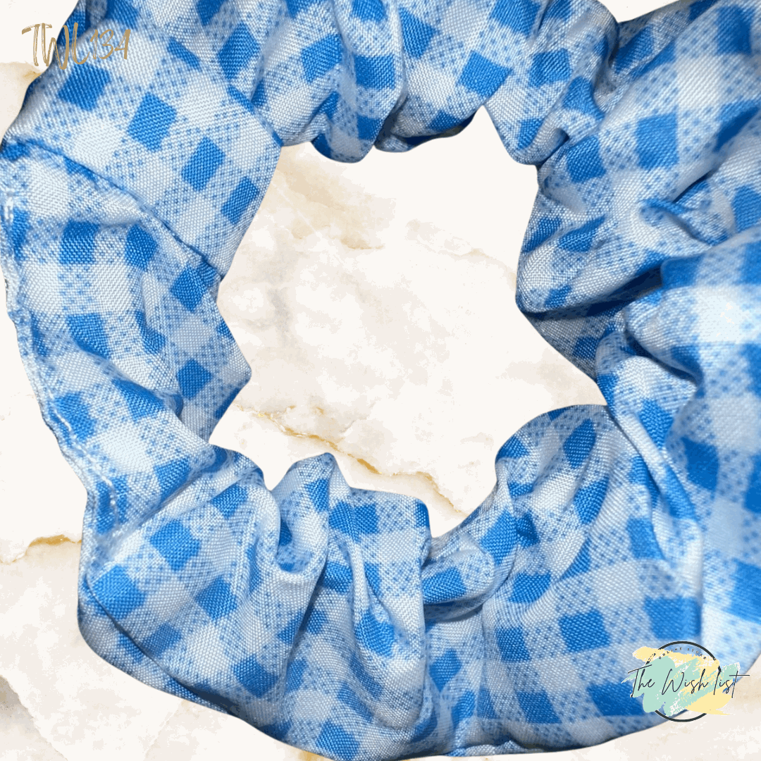 Blue and White Plaid & Floral Pattern Scrunchies