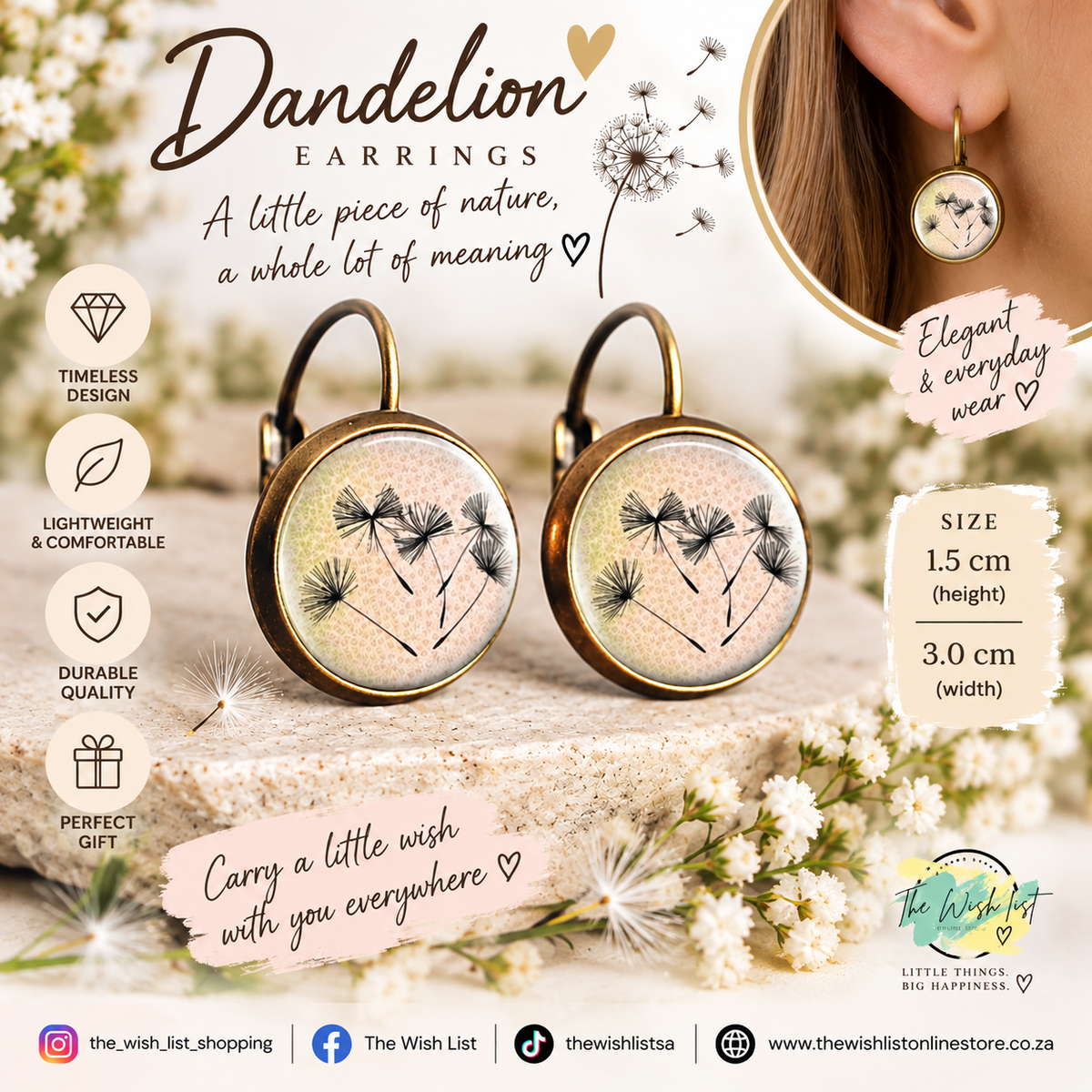 Dandelion pattern round earrings, Copper jewelry