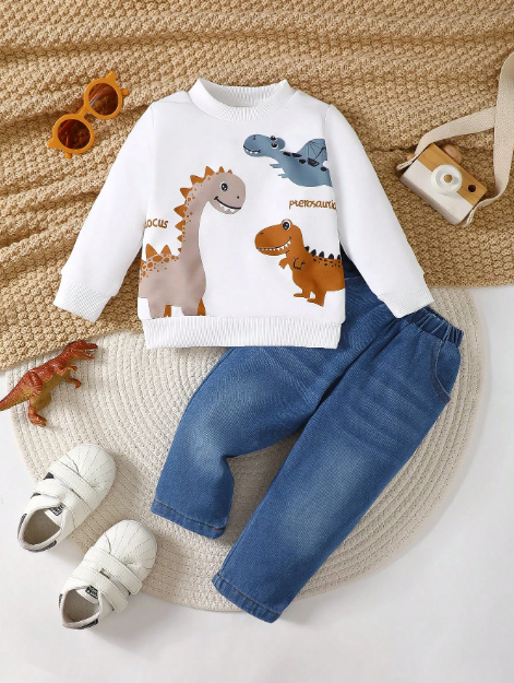 Baby Boys' Cute Dinosaur Round Neck Sweatshirt + Denim Pants Two Pieces Set