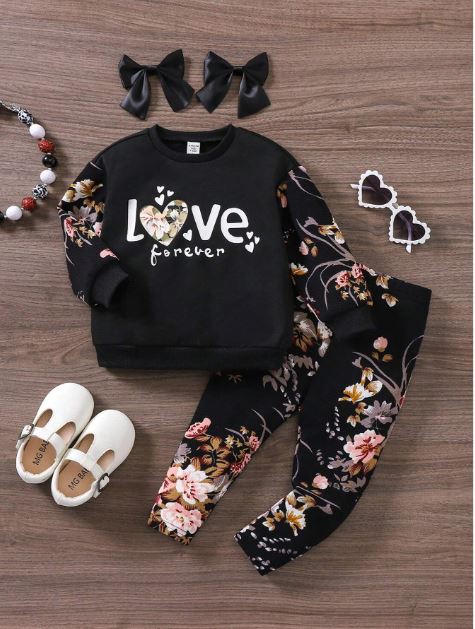 Baby Girl Floral Print Knitted Crew Neck Long Sleeve Top And Leggings 2pcs/Set