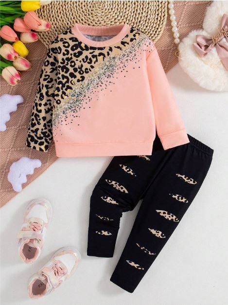 Baby Girls Leopard Print Patchwork Graphic Long Sleeve Top  with Leopard Print Pants -  2pcs Set