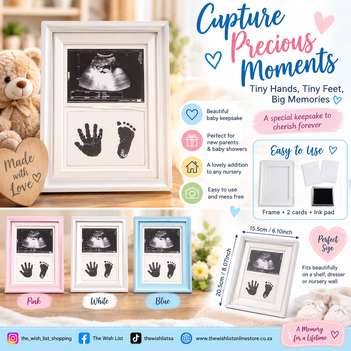 Baby Handprint Footprint Keepsake Photo Frame Tiny Hands, Tiny Feet, Big Memories.  - White