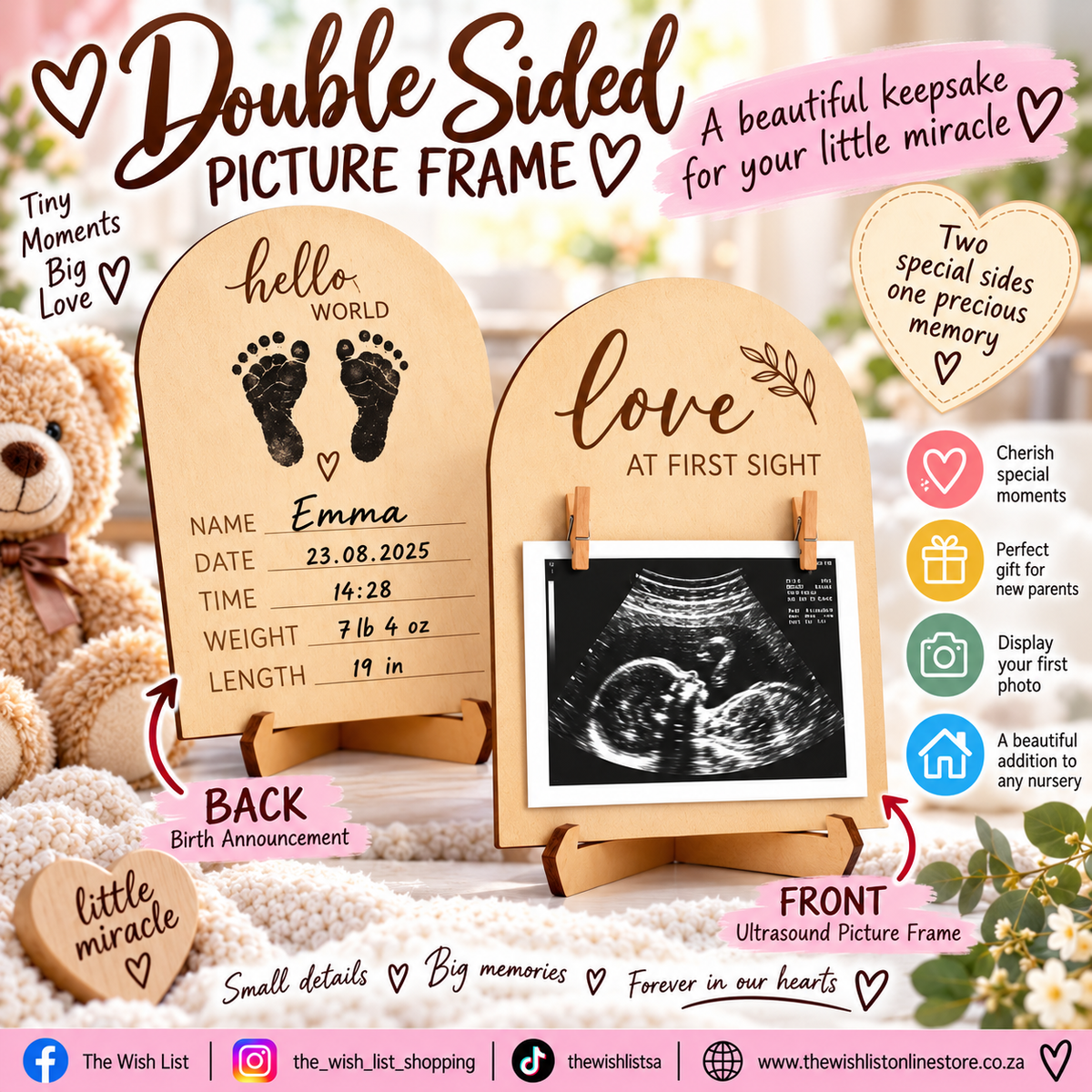 Wooden Ultrasound Photo Frame For Pregnancy Announcement Or Baby Birth Decoration - Double Sided