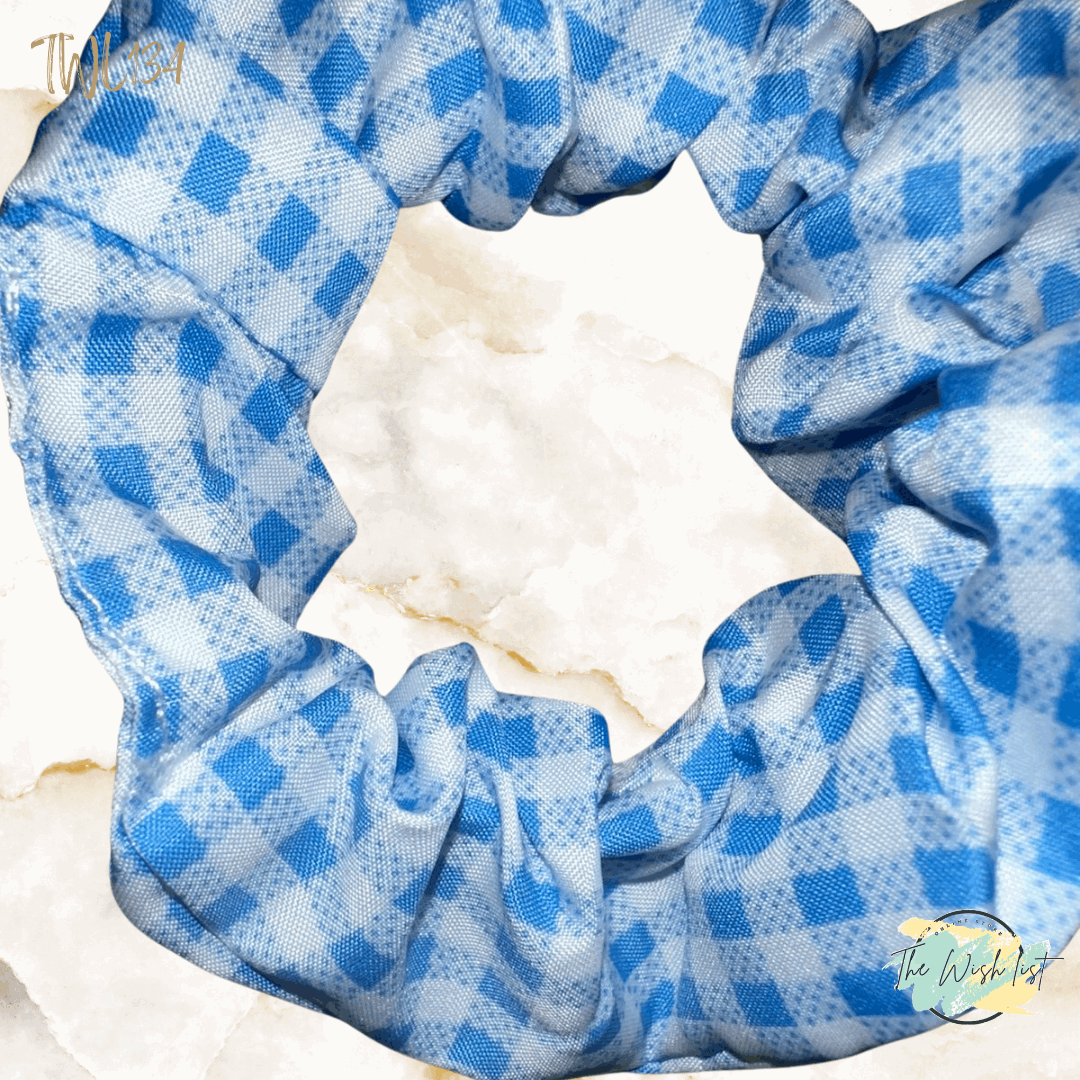 Blue and White Plaid & Floral Pattern Scrunchies