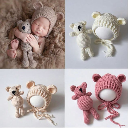 Crochet Baby Bear Hat and Crochet Bear Doll Knit Toy Accessories- Photoshoot set - Newborn shoot