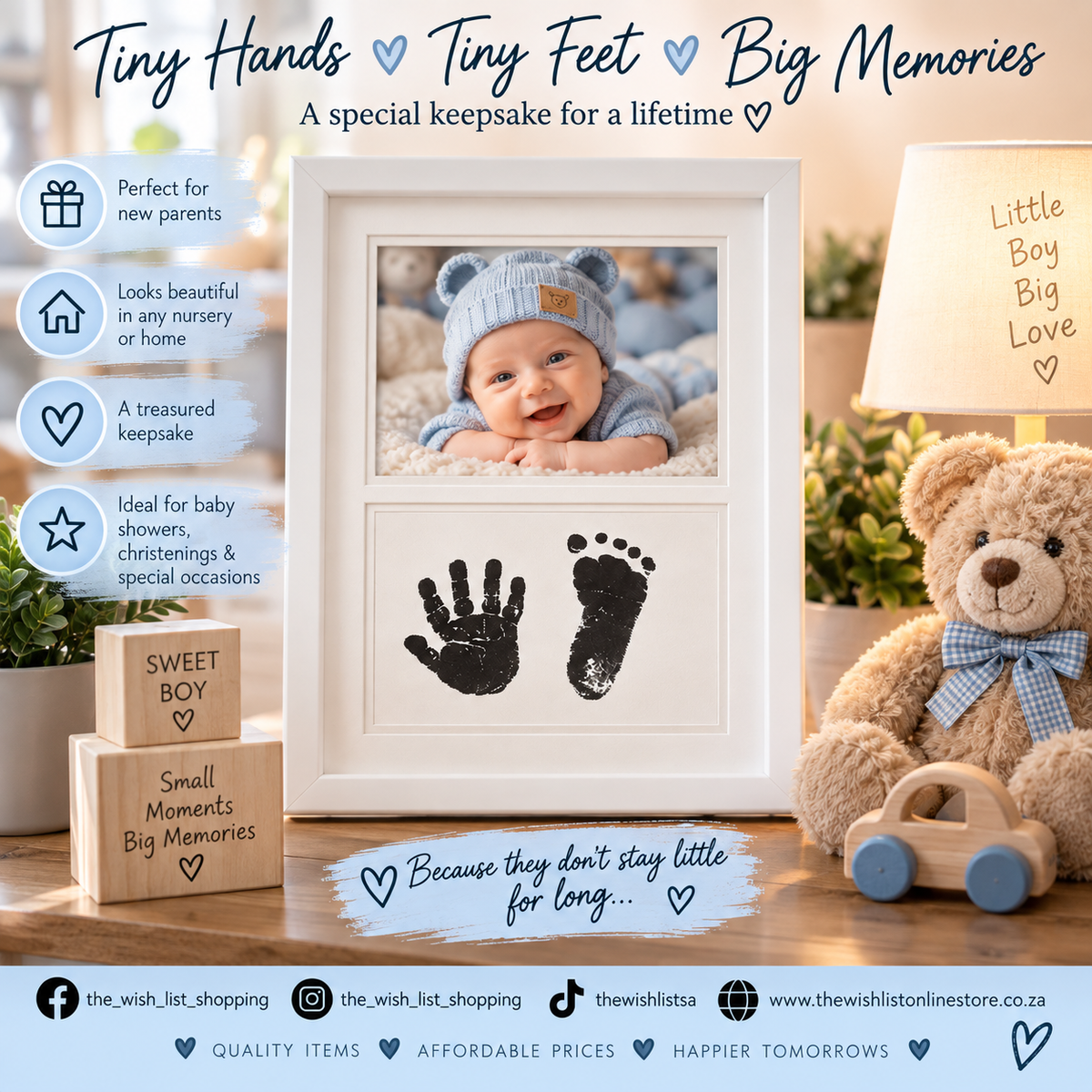 Baby Handprint Footprint Keepsake Photo Frame Tiny Hands, Tiny Feet, Big Memories.  - White