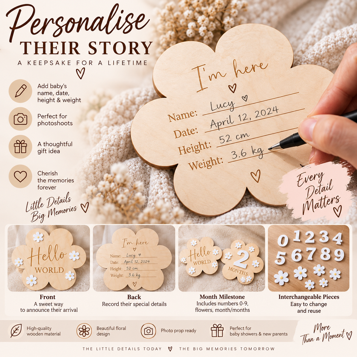 Newborn Baby Monthly Milestone Wooden Flower Plaque For 1-12 Months Birthday Photography Props Baby Shower Gifts