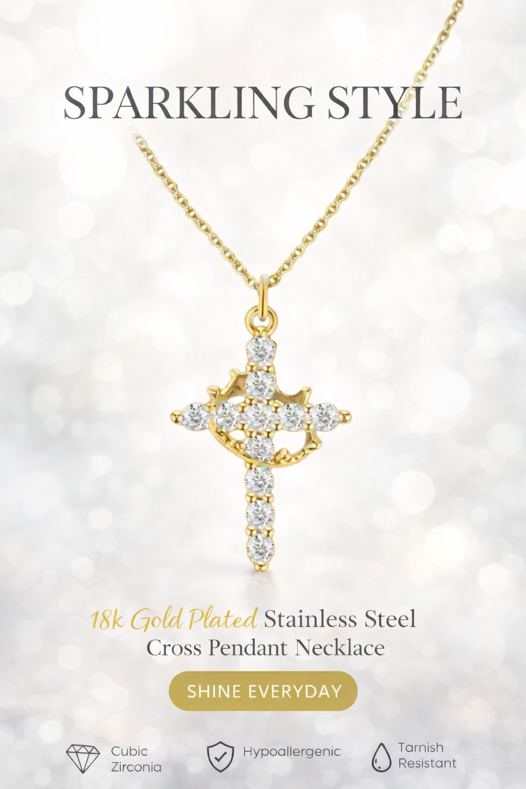 Cross Necklace with Crown, Rotated Cross Pendant Necklace- Gold & Silver