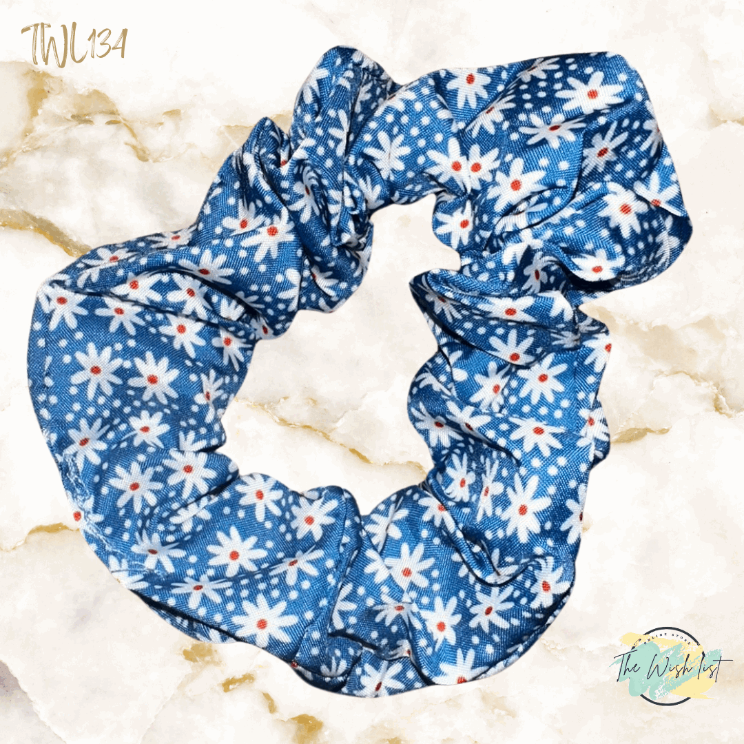Blue and White Plaid & Floral Pattern Scrunchies