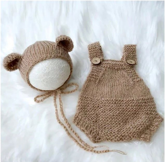 Newborn Knitted Bear Hat And Jumpsuit Set, Photography Props For Baby Boys And Girls