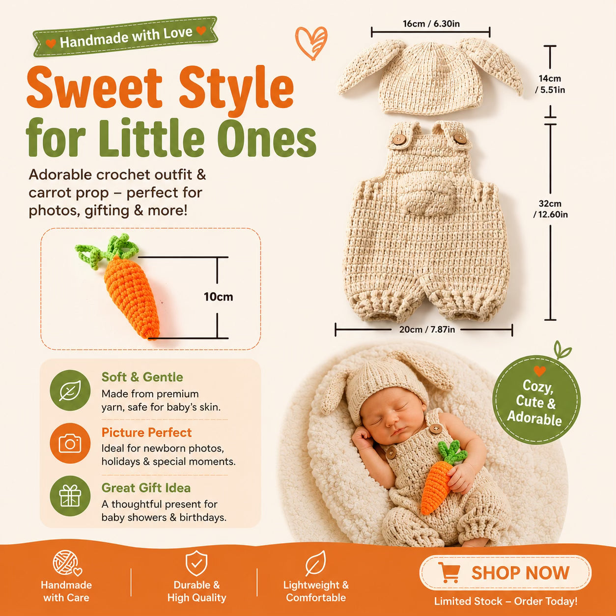 3pcs Newborn Crochet Cap + Overall Pants + Carrot Doll Set