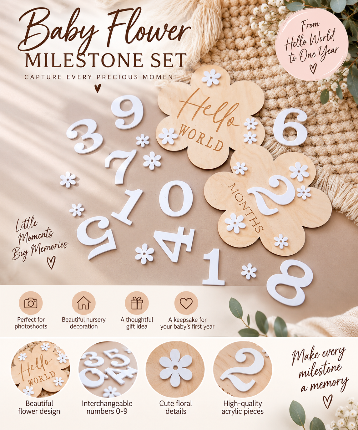 Newborn Baby Monthly Milestone Wooden Flower Plaque For 1-12 Months Birthday Photography Props Baby Shower Gifts