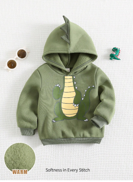 Baby Boy Cartoon Dinosaur Pattern 3D Horn Hooded Long Sleeve Sweatshirt