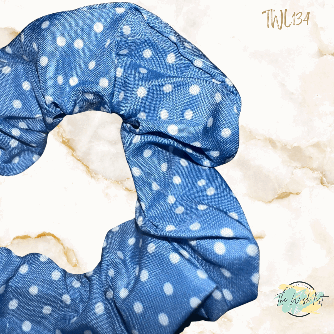 Blue and White Plaid & Floral Pattern Scrunchies