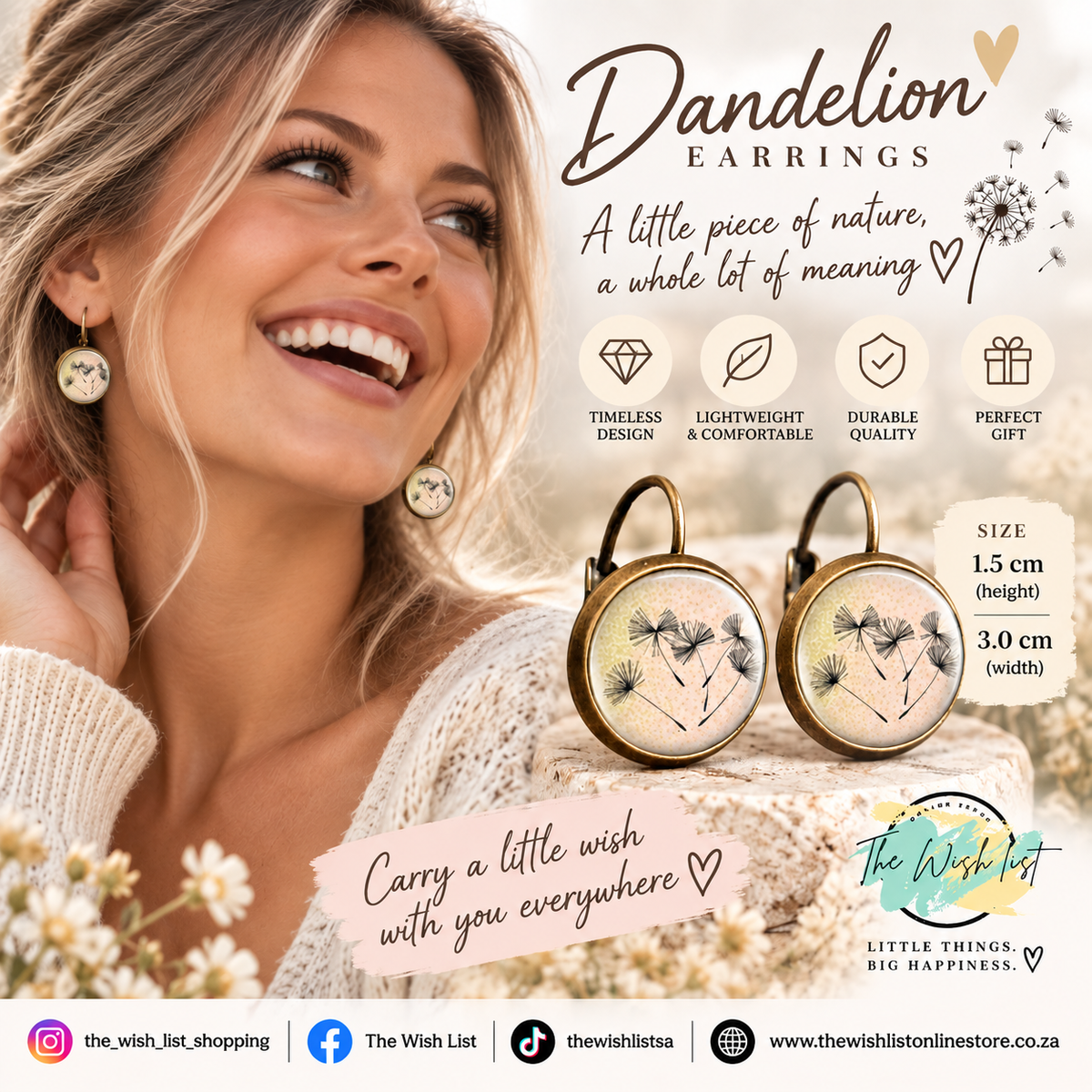 Dandelion pattern round earrings, Copper jewelry