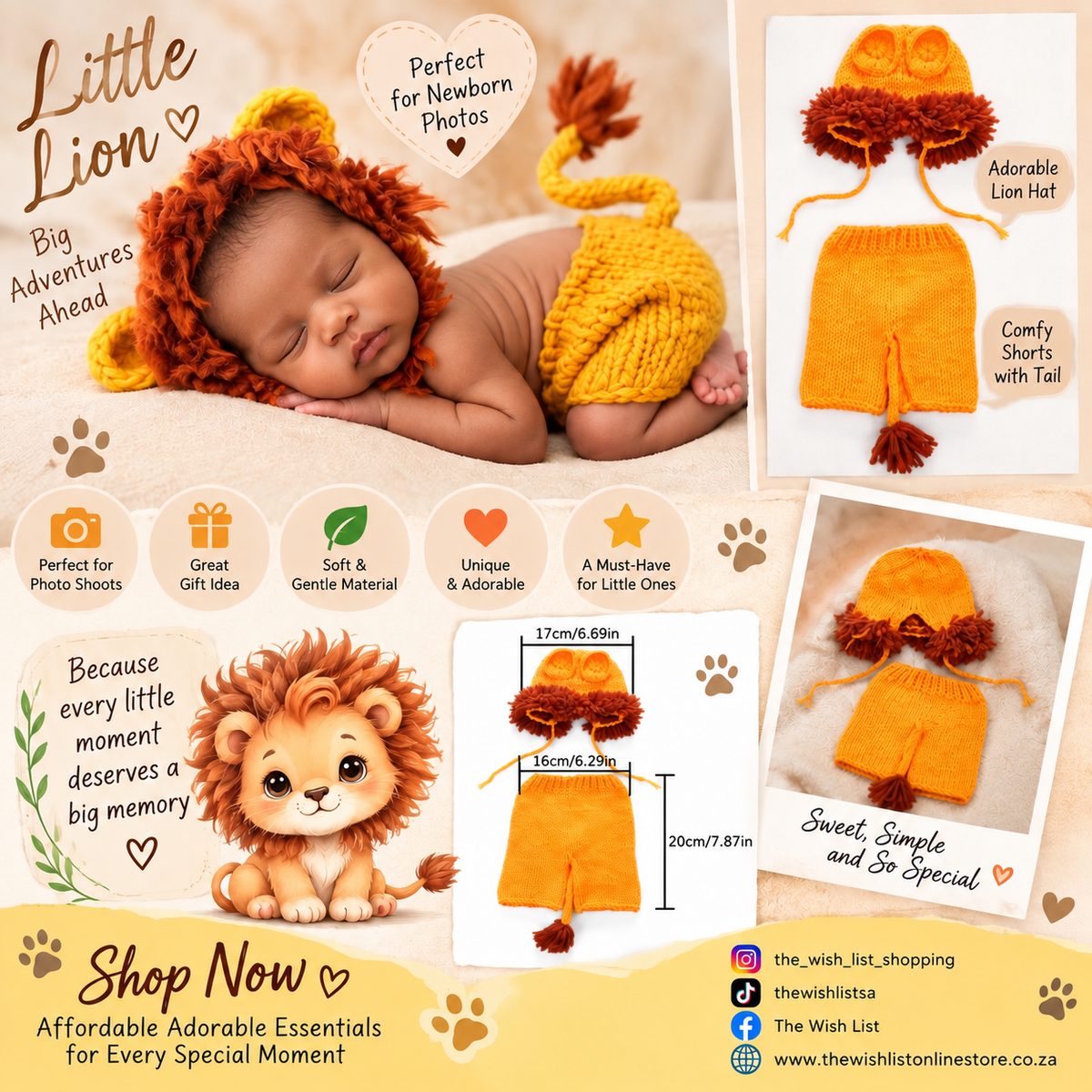 Little Lion Newborn 2-Piece Photo Outfit, Baby Knitted Photo Props