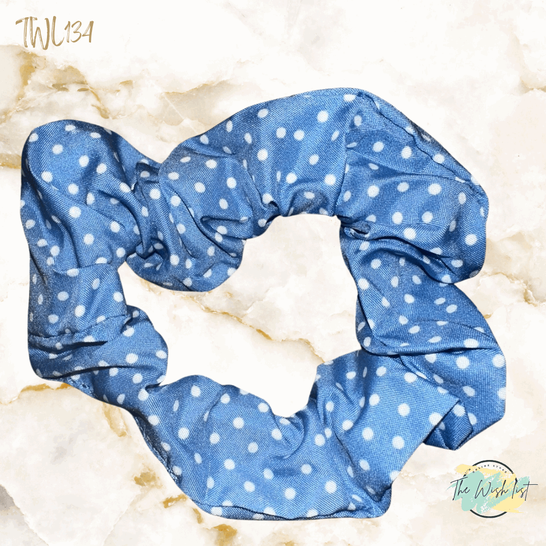 Blue and White Plaid & Floral Pattern Scrunchies