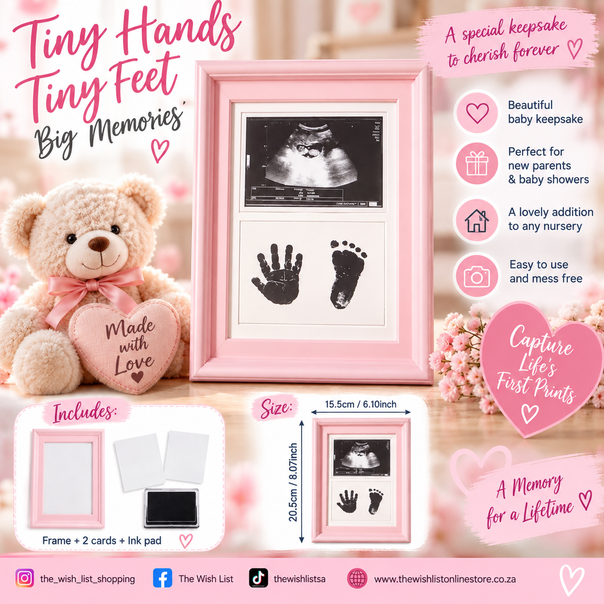 Baby Handprint Footprint Keepsake Photo Frame Tiny Hands, Tiny Feet, Big Memories.  - White