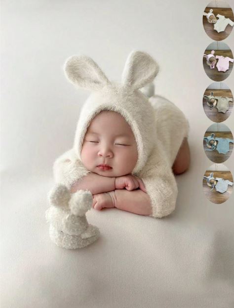 Newborn Baby Photography Outfit, Soft Mink Velvet Bunny Ear Hat And Romper Set for boys and girls