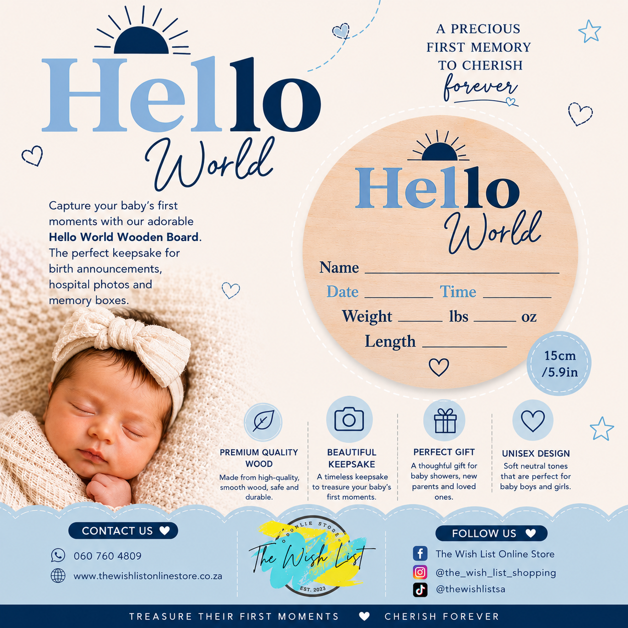Hello World Wooden Birth Announcement Disc - Blue