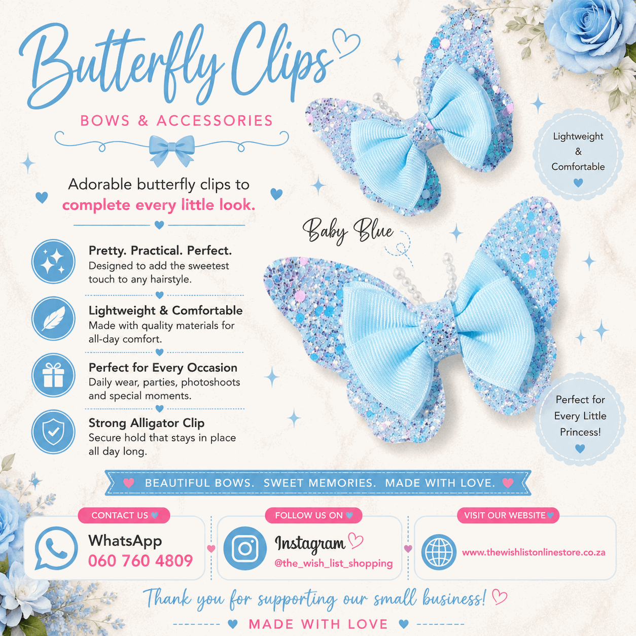 Girls Glitter Butterfly with pearls hair clip