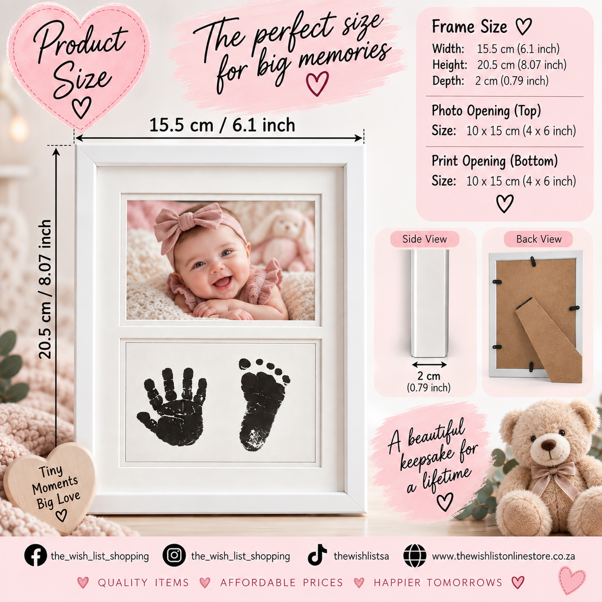 Baby Handprint Footprint Keepsake Photo Frame Tiny Hands, Tiny Feet, Big Memories.  - White