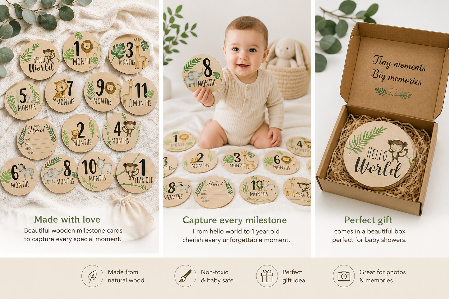 Wooden Baby Animal Print Milestone Cards