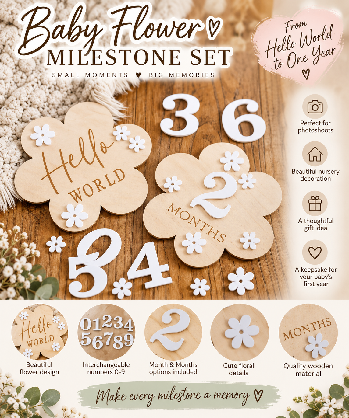 Newborn Baby Monthly Milestone Wooden Flower Plaque For 1-12 Months Birthday Photography Props Baby Shower Gifts