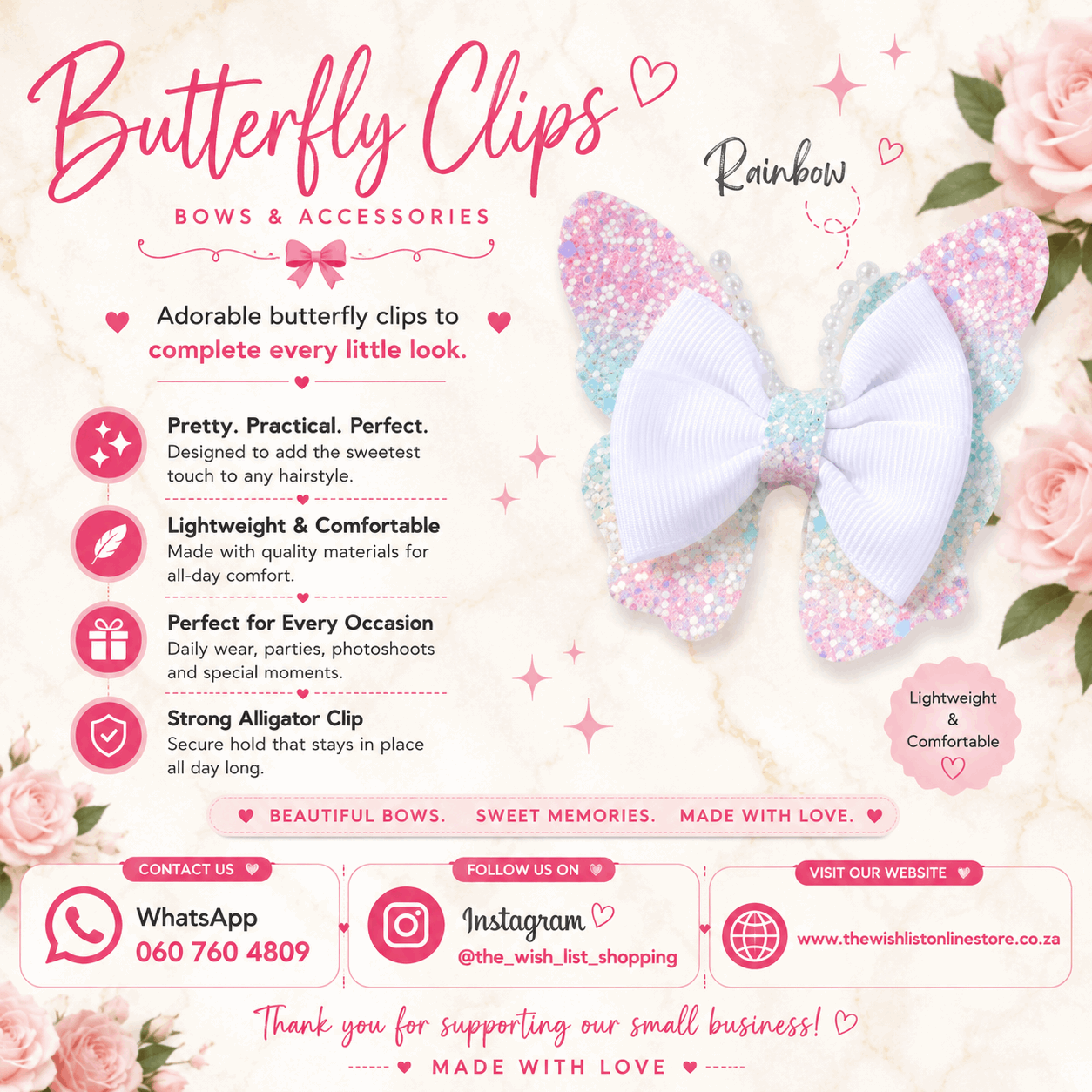Girls Glitter Butterfly with pearls hair clip