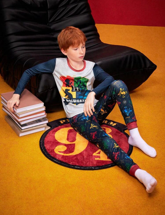 HARRY POTTER Tween Boy Cartoon Casual Hogwarts 4 Houses Badge Graphic Patchwork Long Sleeve T-Shirt & Pants 2-Piece Snug Fit Pajamas Set