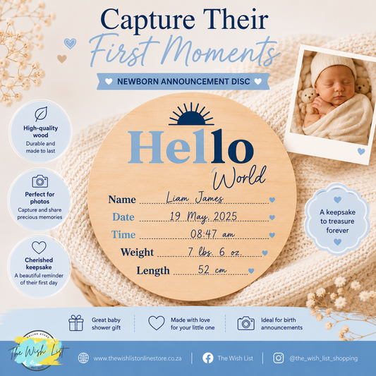 Hello World Wooden Birth Announcement Disc - Blue