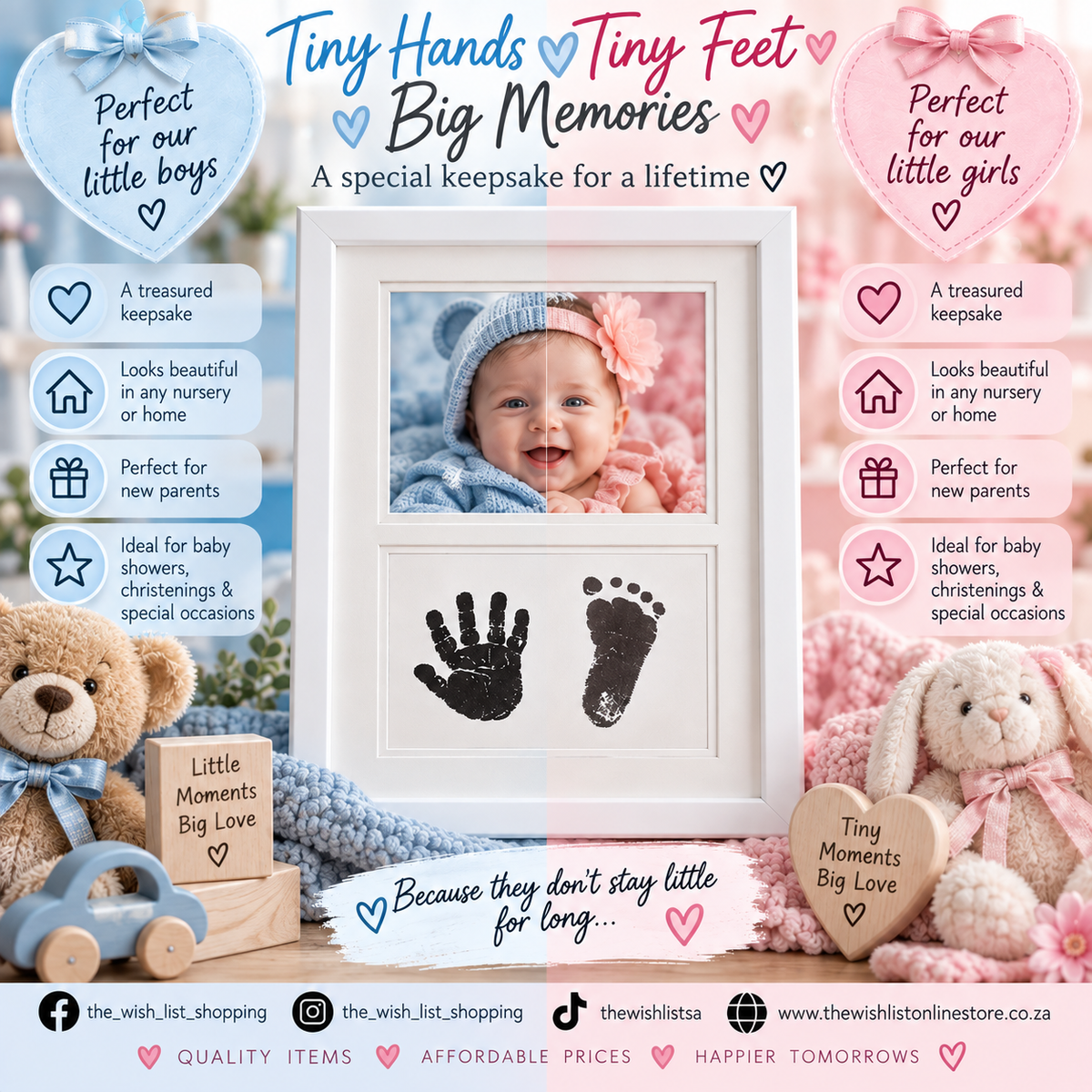 Baby Handprint Footprint Keepsake Photo Frame Tiny Hands, Tiny Feet, Big Memories.  - White