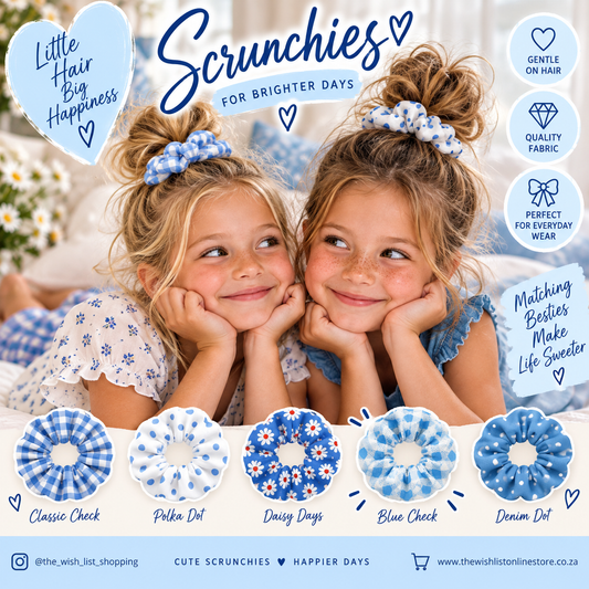Promotional graphic for blue scrunchies featuring two young girls with hair styled in buns wearing blue and white scrunchies. The image includes text overlays such as 'Scrunchies For Brighter Days', 'Little Hair Big Happiness', and showcases five different scrunchie patterns: Classic Check, Polka Dot, Daisy Days, Blue Check, and Denim Dot.